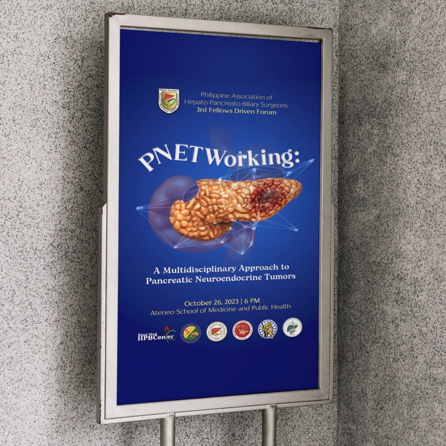 Blue poster with big pancreas in the middle