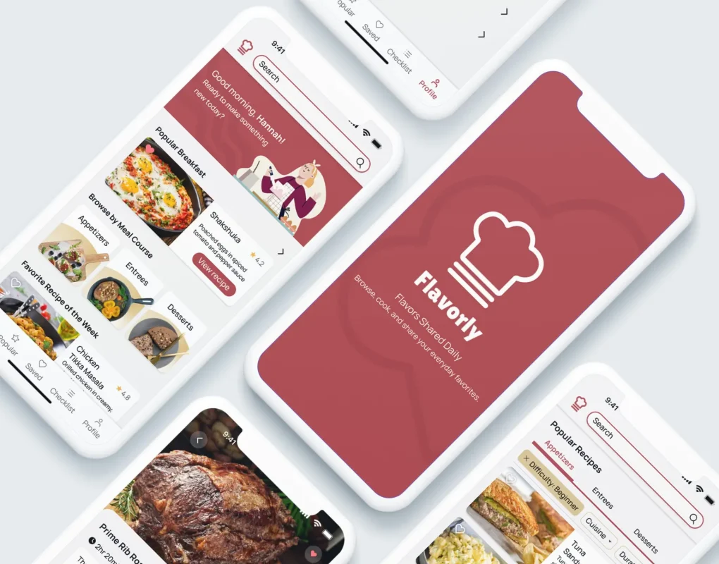 Multiple mobile screens showing pages of a mobile app