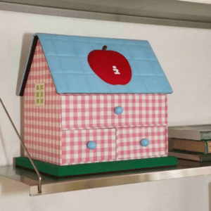 Jewerly box shaped like a house with apple and gingham pattern design