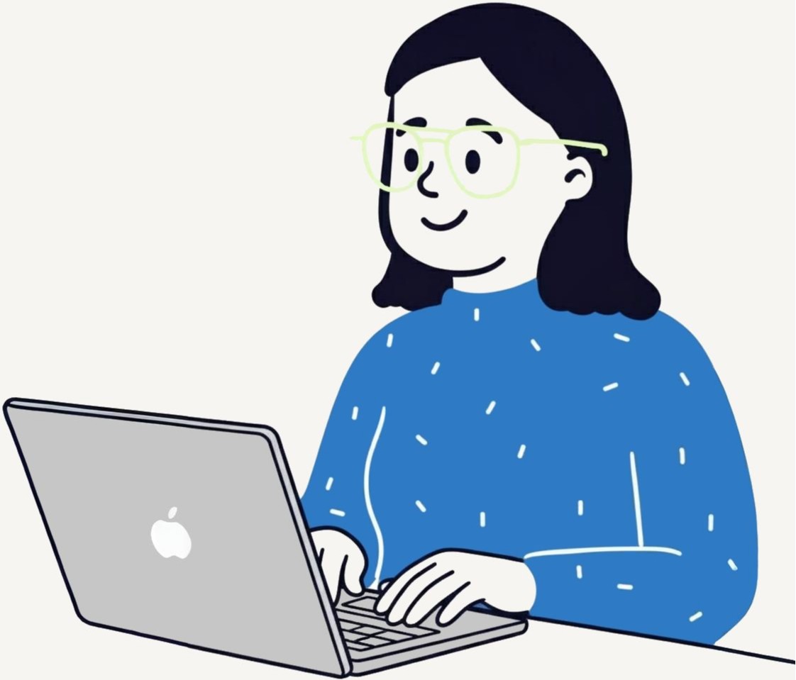 Cartoon-style avatar using laptop