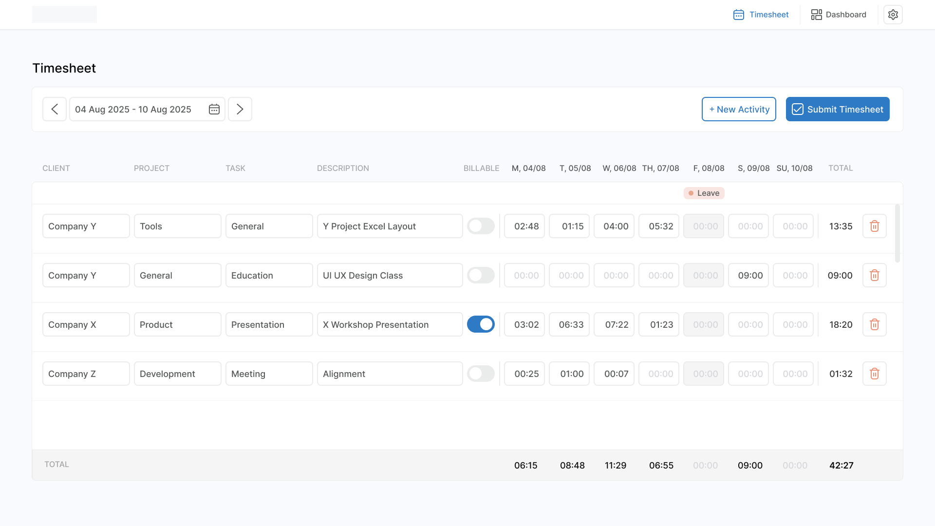 Corporate Weekly Timesheet Page